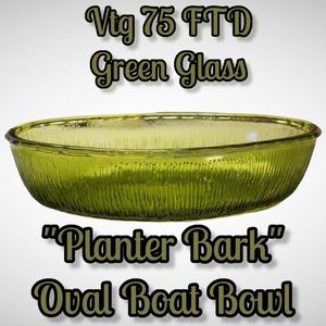 Vtg 75 FTD Green Glass Planter Bark Oval Boat Bowl
